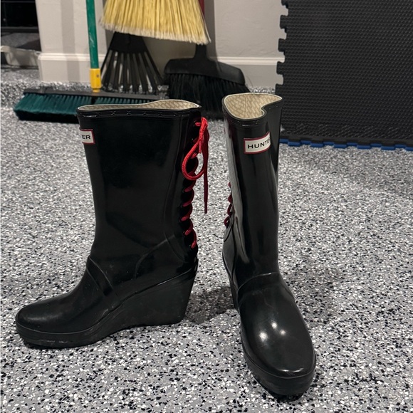 Hunter Shoes - Hunter Women's Black Rain Boots with Red Lace up’s